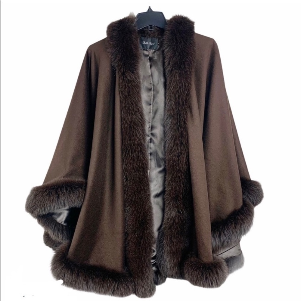 - BELLE FARE Fox Fur-Trim 100% Cashmere Poncho/ Cape